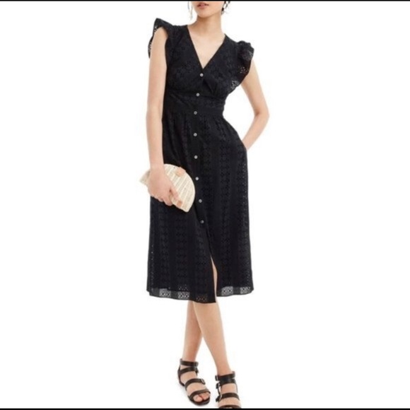 J Crew Black Cotton Eyelet Button Midi Dress Sz 10 - Picture 2 of 15